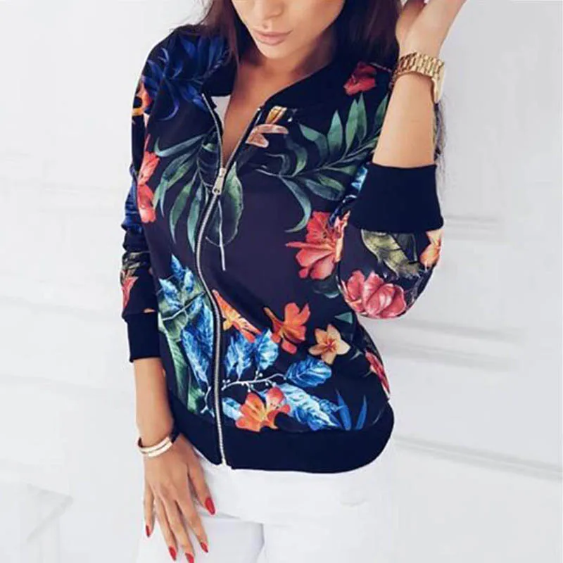 Ideal Jacket Women Flower Floral Printed Zipper Up Thin Bomber Jacket Retro Coats New Autumn Basic Casual