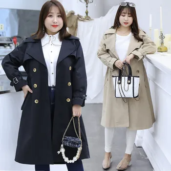 

Long Coat Women Body Weight 100kg plus size Casual women trench 2020 spring new fashion Turn-down Collar X-Long Cotton trench