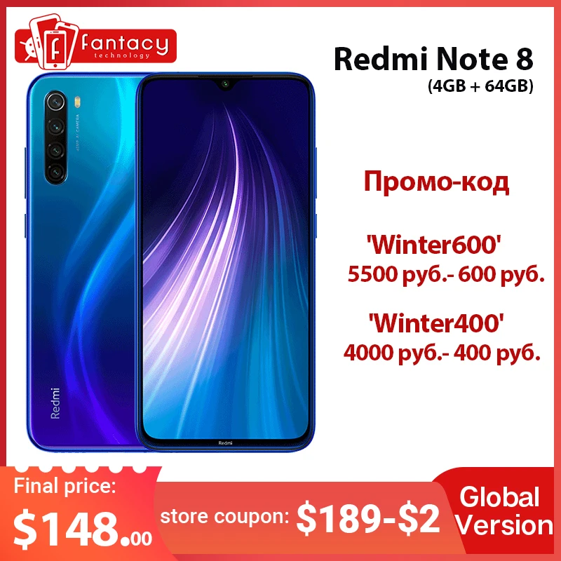 Gloabl Version Xiaomi Redmi Note 8 4GB 64GB 48MP Quad Camera Smartphone Snapdragon 665 Octa Core 6.3  FHD Screen 4K Video Phone