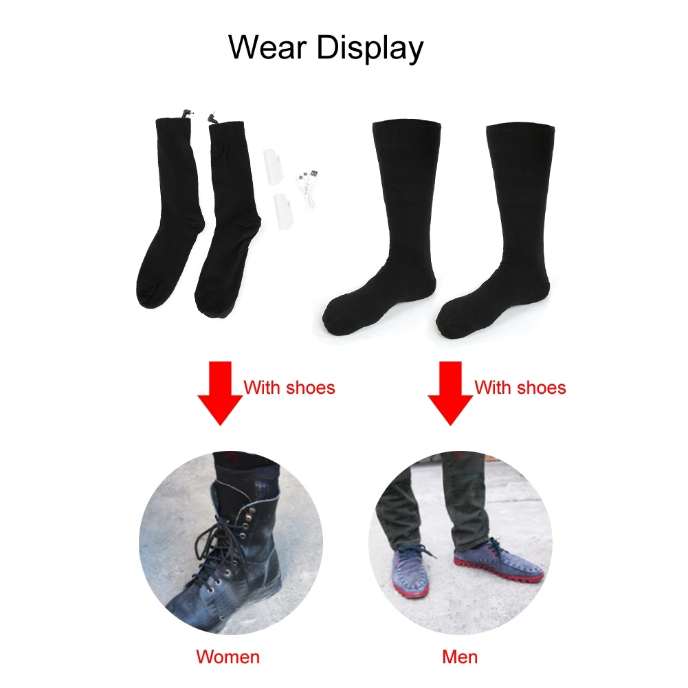 Men & Women Rechargeable Battery Heated Socks 3 Temperatures Outdoor Warm Winter Socks Thickening Cotton Super Comfortable Black