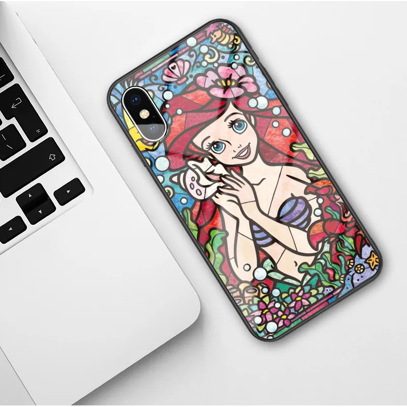 Роскошный милый чехол из закаленного стекла для принцессы русалки для iPhone 11 Pro Max xs 6 6s 7 8 Plus X XR XS Max чехол на телефон с изображениями героев мультфильмов - Цвет: Glass TPU