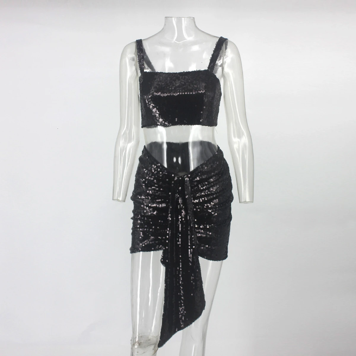 Dressmecb/пикантные вечерние комплекты из двух предметов с пайетками; укороченный топ с открытой спиной и мини-юбки; Женский комплект 2 шт.; летняя одежда года - Цвет: Черный