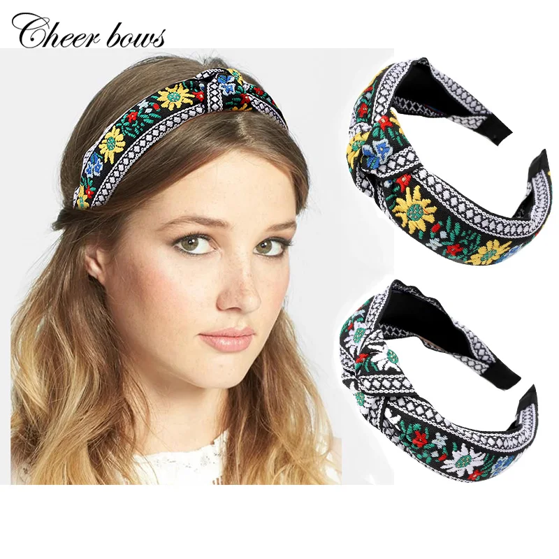 

2020 Bohemia Women Headbands Fashion Wide Geometric Embroidered Knot Hair Bands For Women Girls Vintage Winter Hair Accessories