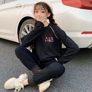 

Strawberry Letter Embroidery Hoodies Women Autumn Sweet Small Fresh Loose Long Sleeve Casual Simple Drawstring Wild Pullover