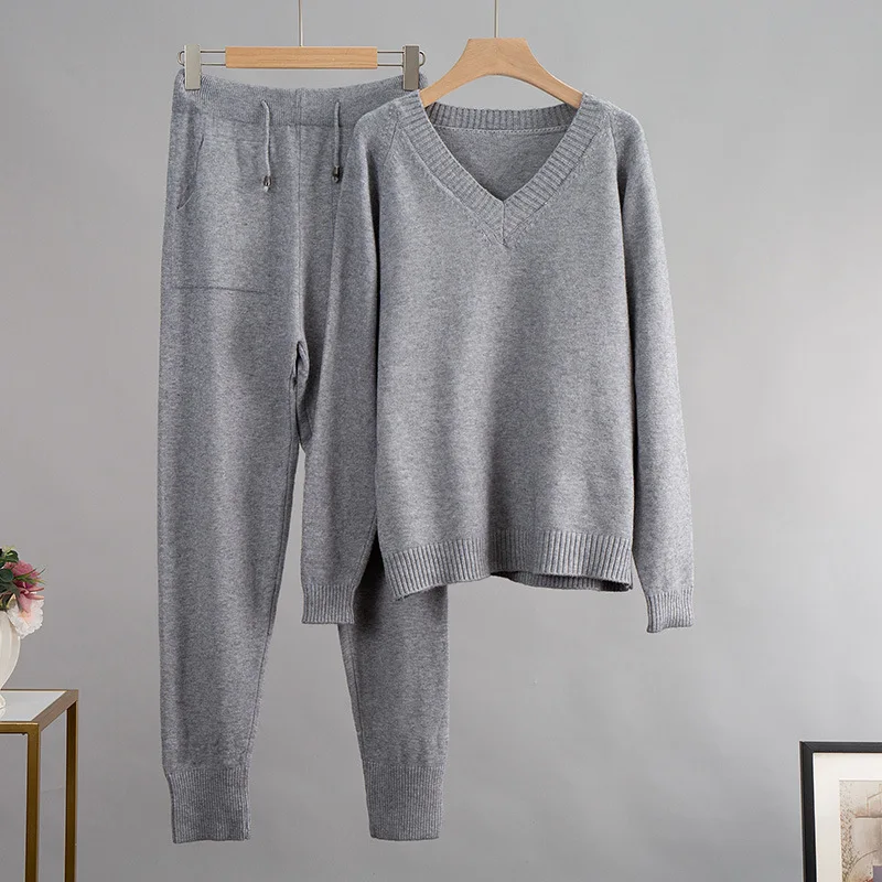 HLBCBG Cashmere Knitted Sets Women 2022 New Loose V Neck Sweater & Carrot Pant 2 Pieces Female Outfit Tracksuits Harem Pants 4