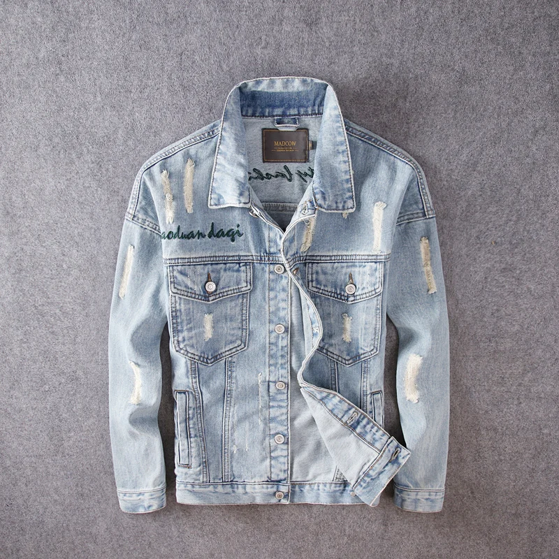

Spring Autumn Fashion Denim Jackets Men High Quality Embroidery Designer Ripped Chaqueta Hombre Retro Blue Jaqueta Masculino