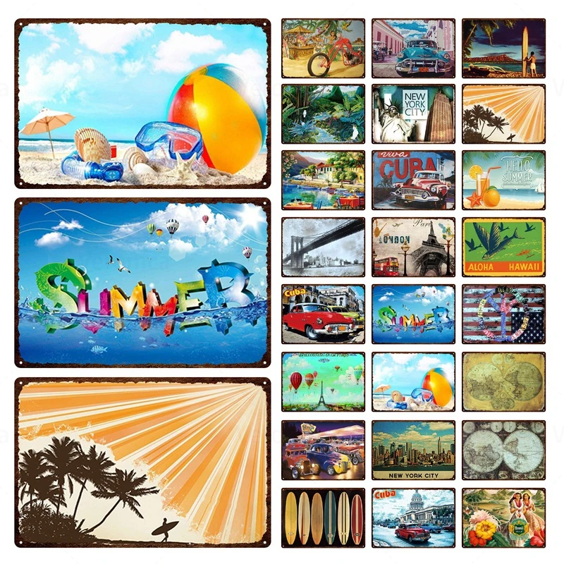 

Landscape Tin Plaques Summer Sea Beach Scenery Metal Signs Holiday Travel City Wall Artwork Home Decoration Iron Painting