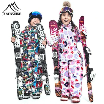 

Winter Kids Ski Suit One-piece Snowboard Jumpsuit Kids Cartoon Hooded Ski Suit Windproof Waterproof Warm Girls Boys Skiing Set