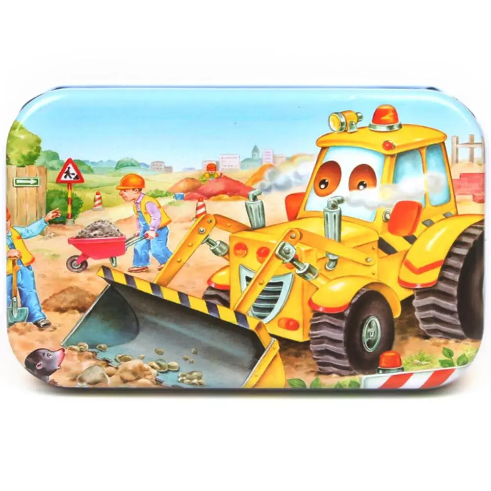 Cartoon backhoe 60 штук Дети Деревянный мультфильм пазл игрушка с железной коробкой для детского сада(случайный стиль - Цвет: Cartoon backhoe