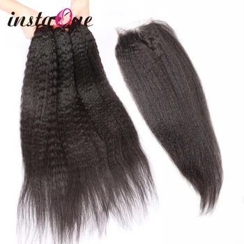 

28 30 Inch Kinky Straigh Brazilian Hair Weave Bundles With Closure 3 4 Bundles Yaki Human Hair And Closure Remy Hair Extension