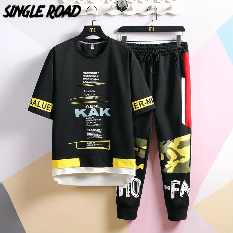 

SingleRoad Men's Japanese Streetwear Sets Men 2020 Patchwork Print T-Shirt Sweatpants Men Hip Hop Tracksuit Korean Clothes Male