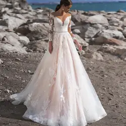 Vestidos De Boda с длинными рукавами, с блестками, тюль, Brautkleid, пояс с кристаллами, Простые Свадебные бутоньерки с прозрачной тюлевой спиной