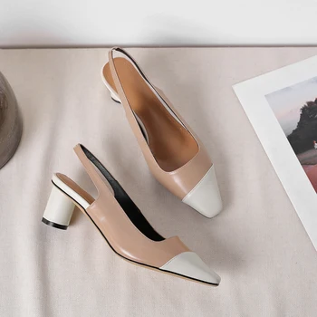 

Women's genuine leather slingback slip-on pumps med heel comfortable summer dress highe heels mix color fashion shoes for women