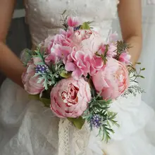 Свадебный букет ручной работы, искусственные пионы, искусственные ягоды, романтические свадебные цветы, деревенские длинные кружевные ленты, вечерние украшения для дома
