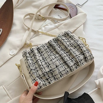 

Fold Cotton Linen Underarm Bag Leather Shoulder Bags for Women 2020 Trend Designer Lady's Brand Handbags Small Cross Body Bags