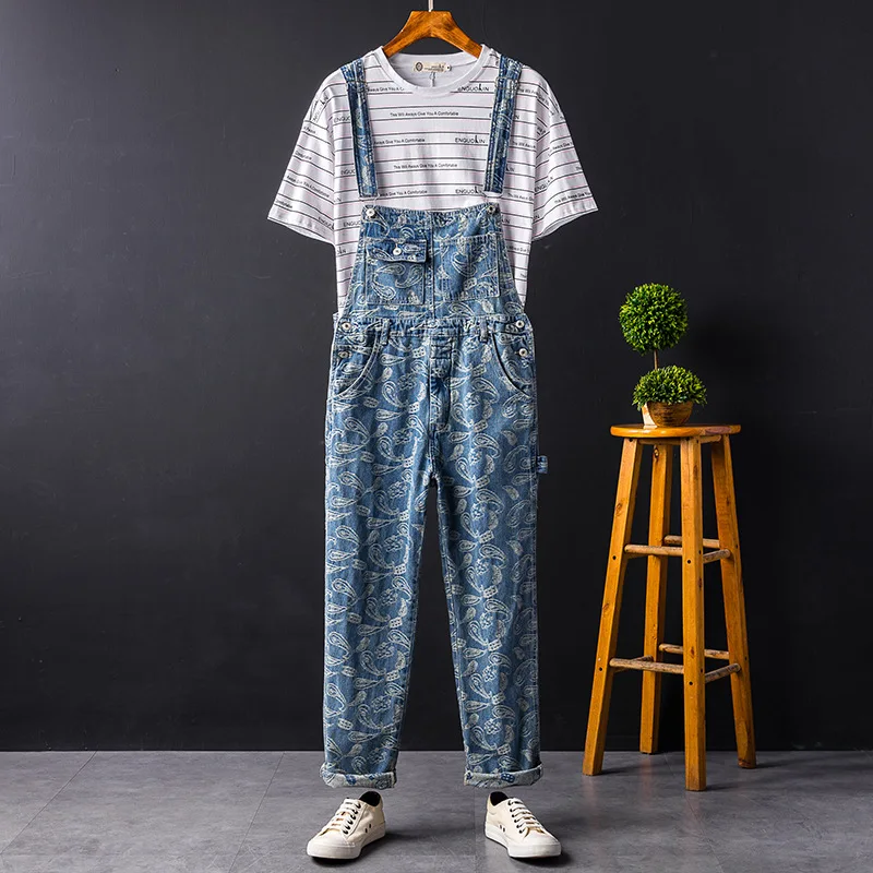 Man Bib Overalls Suspender Pants Straight Printing Jeans Loose Large Size Hip Hop Street Dance Jumpsuits Fashion Denim Trousers