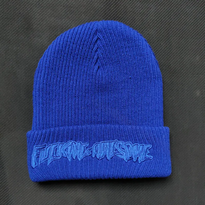 Blue Fxxking Awesome Beanie Winter Hats For Women Ladies Men Acrylic Cap Billie Eilish Bonnet Autumn Knitted Hip hop Embroidery Skull - Цвет: Blue