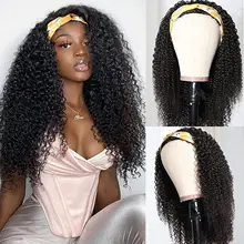 

Brazilian Water Wave Headband Wig Human Hair Wigs For Black Women Natural Color Glueless Kinky Curly None Lace Front Scarf Wig