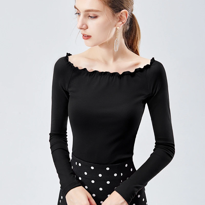 Foamlina сексуальная Slash шеи Ruched Trim с длинными рукавами осенний Топ сплошной цвет хлопок футболка Тонкий стрейчевое большого размера дамы Базовый Топ