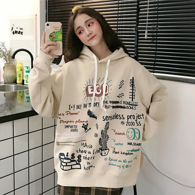 Graffiti Cactus Print Velvet Women Sweatshirt Hooded Hip Hop Korean Female Hoody Winter Loose Thicken Ladies Pullover Top