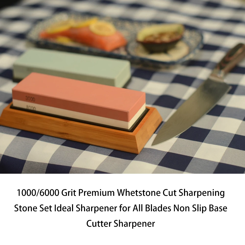 

Double Sided Cut Sharpening Stone Set Kitchen Knife Sharpener Whetstone With Non-Slip Bamboo Base