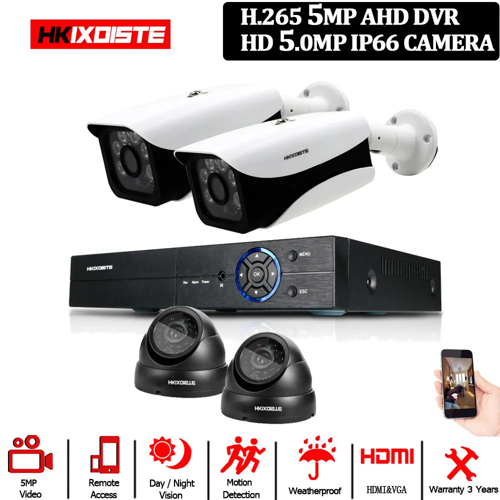 Черный CCTV H.265 DVR NVR 4CH 5MP камера системы безопасности HD система Комплект 2592P 5 мегапикселей DVR с 2 шт пуля Всепогодная 2 шт внутренняя камера - Цвет: Черный
