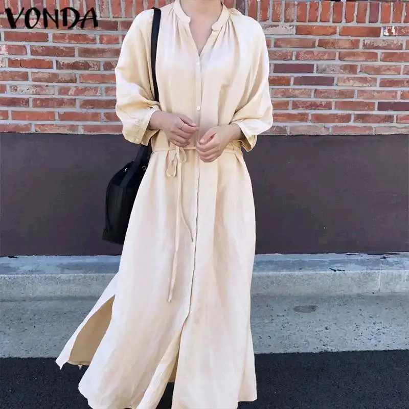 VONDA, женское летнее платье сарафан с разрезом размера плюс, длинный рукав, v-образный вырез, длинные платья для вечеринок, повседневные, свободные, Vestidos, одноцветные, Robe Femme