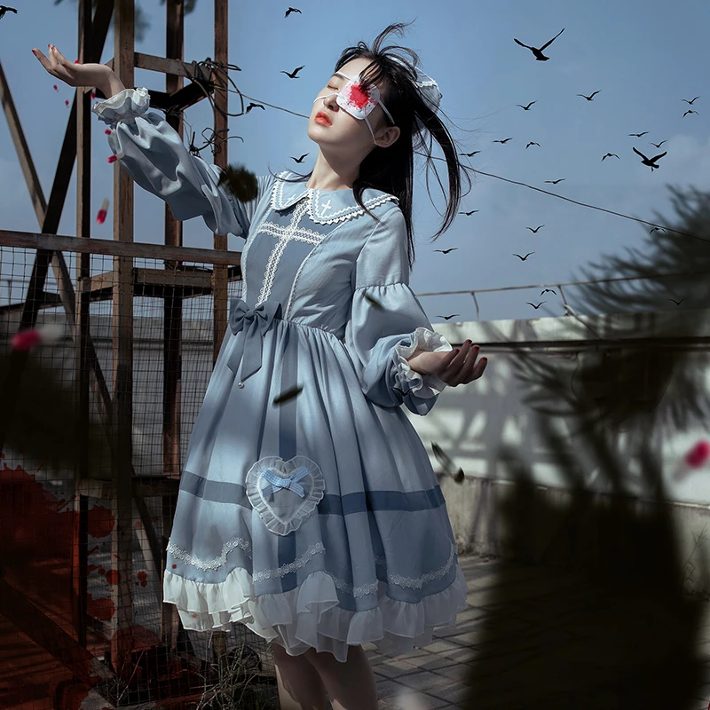 

Peter Pan Collar Vestido Lolita Fashion Kawaii Clothing Sweet Ball Gown Kawaii Bowknot Style Victorian Long Sleeve Op With Apron