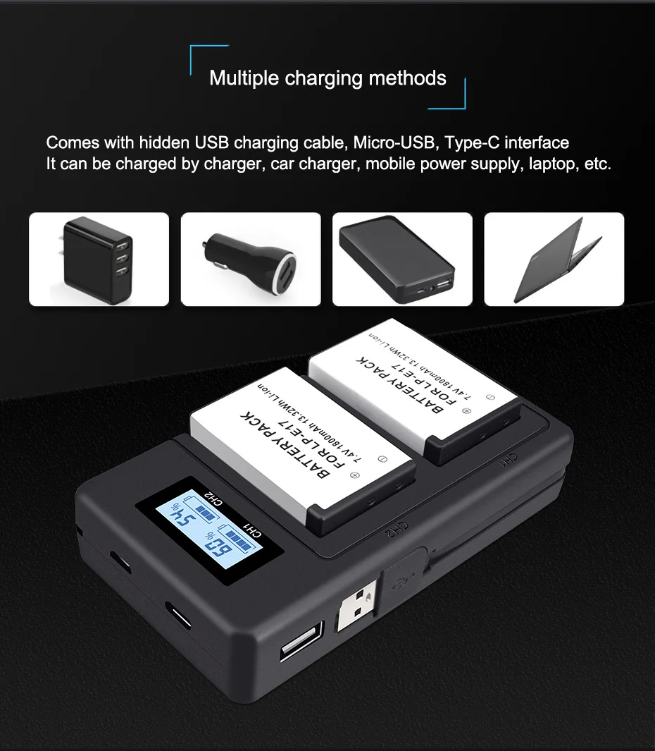 coin cell battery LPE17 LP E17 LP-E17 E17 Battery+LCD USB Charger for Canon EOS RP 200 250D M3 M5 M6 750D 760D T6i T6s 800D 8000D 77D Kiss X8i battery power pack