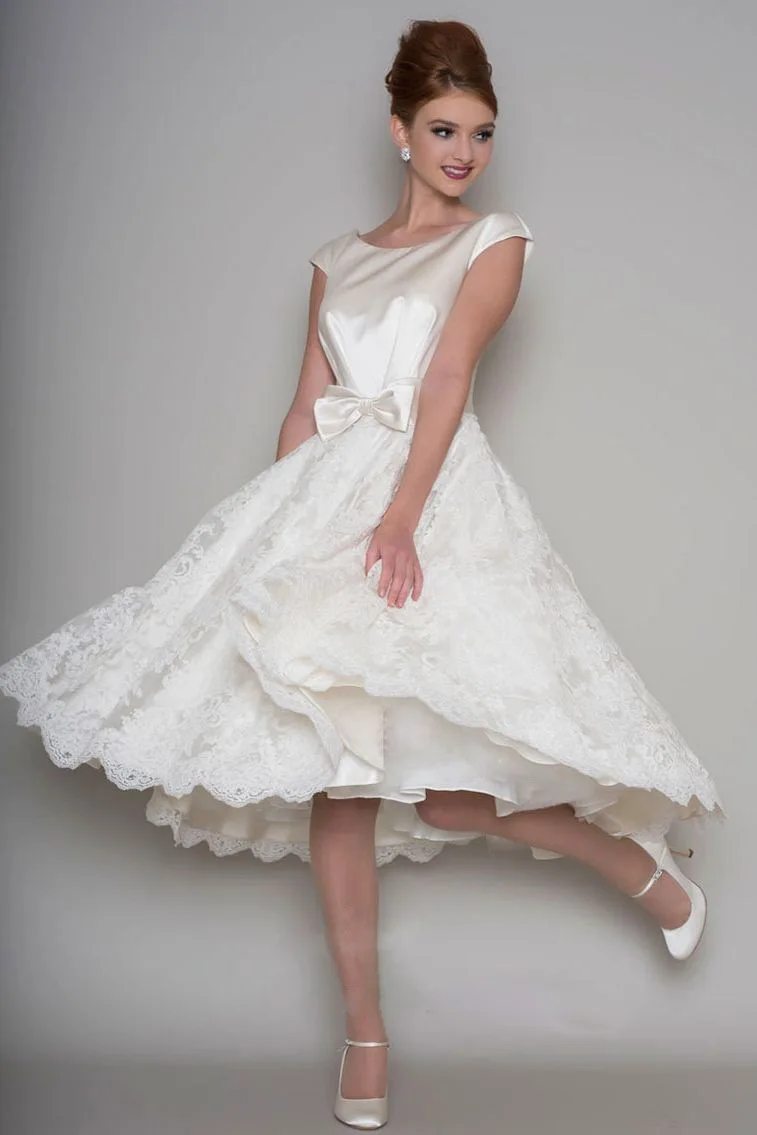 Vestido De Novia Совок Короткое свадебное платье с бантом; Robe De Mariage аппликации кружево Чай-длина на платье невесты свадебное короткие Drsess