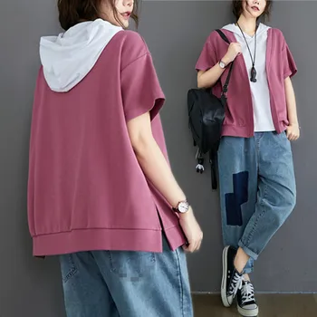 

BIG SIZE Summer Women Fashion Elegant Fasle 2 Piece Tops Lady Female Plus Large Short Sleeve Loose Cotton Split Hood Sweatshirt