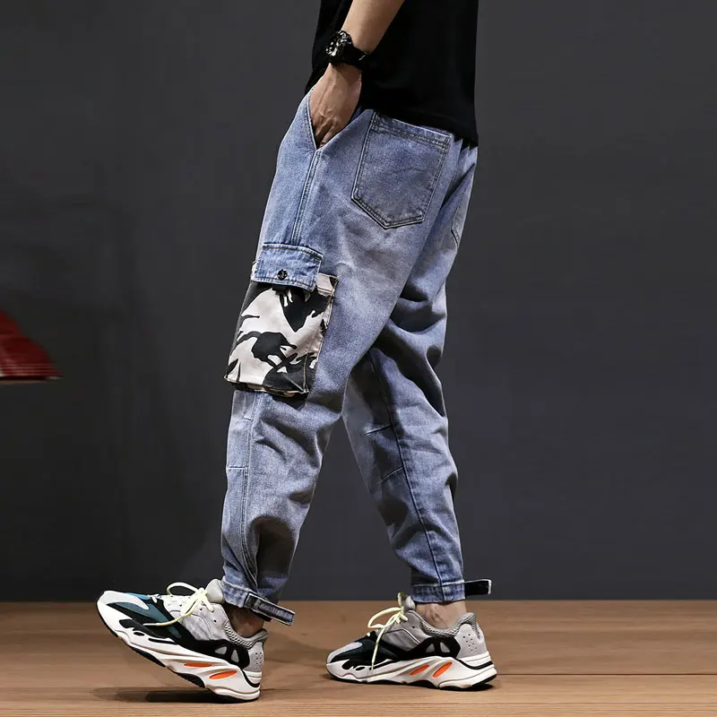 

Japanese Style Fashion Men Jeans Loose Fit Blue Color Camouflage Pocket Designer Denim Cargo Pants Streetwear Hip Hop Jeans Men