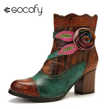 

SOCOFY Retro Boots Handmade Floral Cow Leather Stitching Comfy High Heel Boots Elegant Shoes Women Botines Mujer 2020