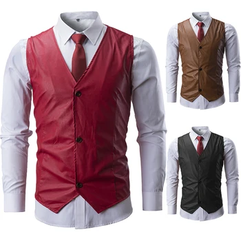 

Brand Leather Suit Vest Men 2019 Fashion Solid Color Sleeveless Slim Waistcoat Men Single Breasted Gilet