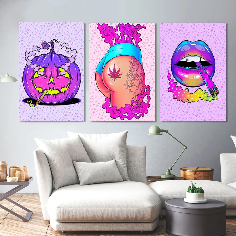 

Cartoon Fashion Poster Wall Art Print High Halloween Pumpkin Canvas Painting Psychedelic Lips Buttocks Picture For Bedroom Decor