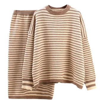 

2020 Women Sweater Loose Knitted Tracksuit Suit Two Piece Sets Casual Long Sleeve Pullover Sweaters Tops Skirt Female Clothes