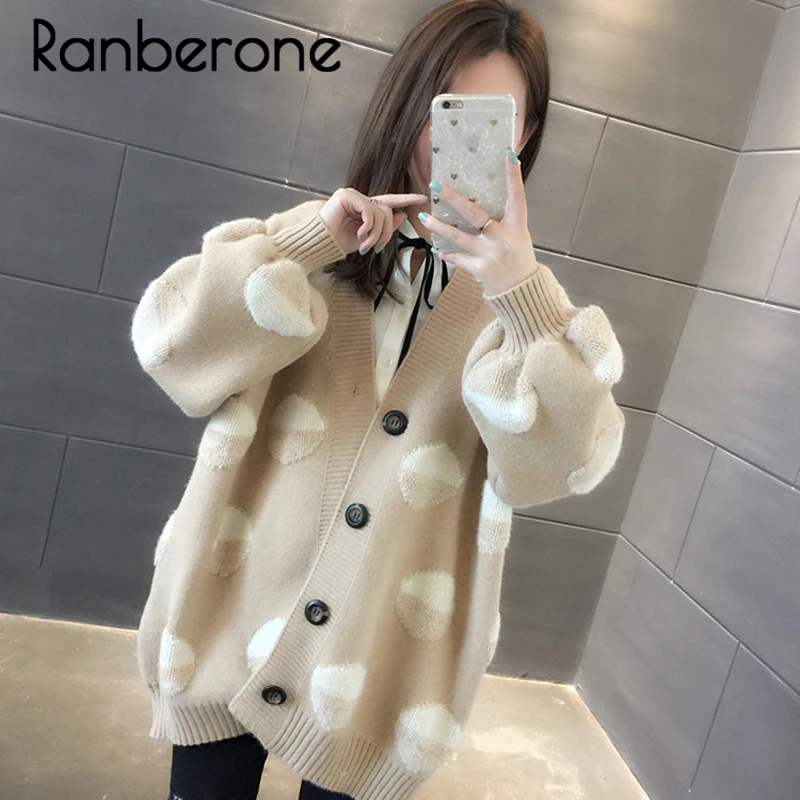 Ranberone Long Cardigan Sweater Women Knitted Jackets Oversized Sweaters Ponchoes Button Dots Loose Female Cardigans 2019 Winter