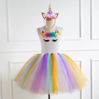 

Girls Unicorn Costume Rainbow Tutu Princess Cosplay Unicorn Birthday Party Dress Halloween Costume For Kids