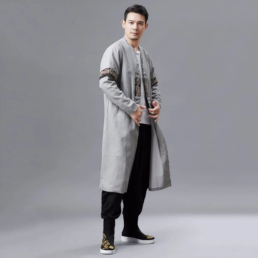 LZJN 2019 Men Autumn Trench Coat Cotton Linen Longline Long Sleeve Jacket Chinese Frog Buttons Outfit Overcoat with Pockets (22)