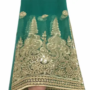 

Latest African Laces 2019 Geometric Figure Gillter Embroidered Green Gold Mesh Fabric Sequin Lace Fabric Wedding Party Dress