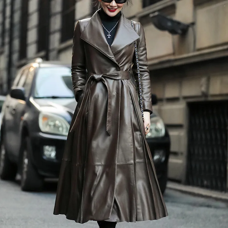 Women's Genuine Leather Sheepskin Down Coat, Long, Thick, Warm, Female Quality Outerwear, Brand, Autumn, Winter