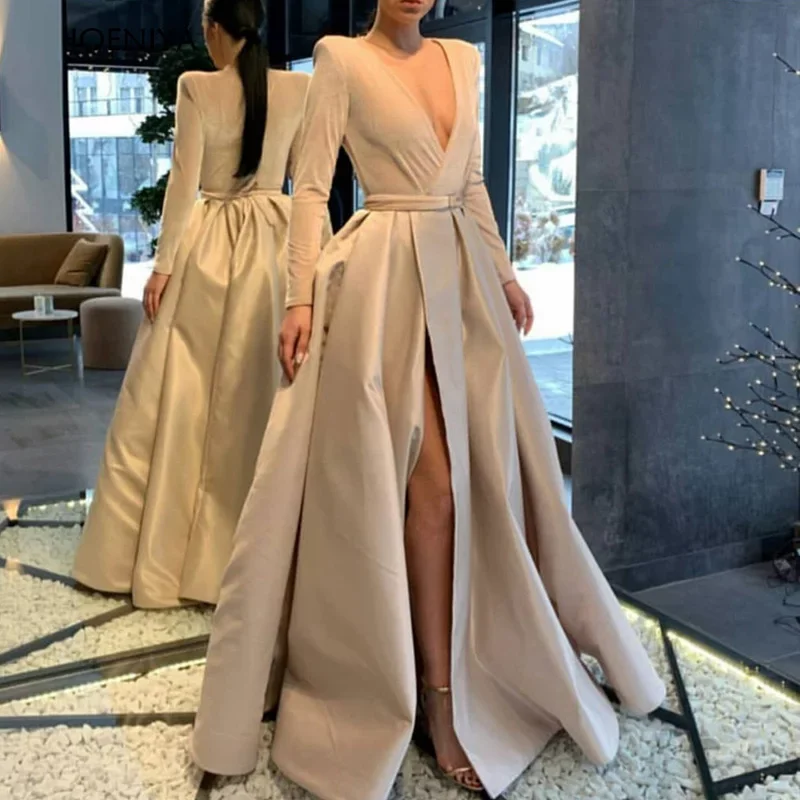 

Sexy Khaki Evening Dress Full Sleeves V Neck Satin High Slit Dubai Arabic Evening Gowns With Sash Formal Dress Robe De Soiree