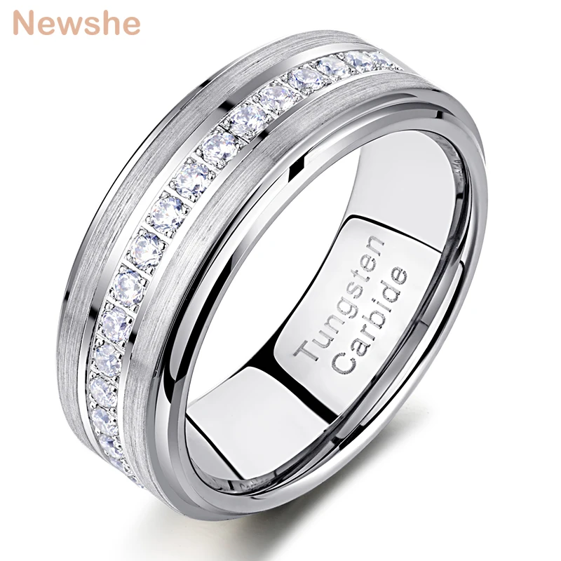 Newshe Mens Promise Wedding Band Tungsten Carbide Rings For Men Charm Ring 8mm Size 9-13 AAA White Round Zircon Jewelry TRX058