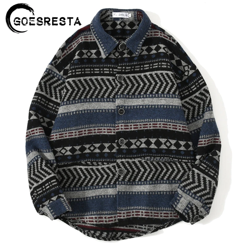 Мужская шерстяная рубашка с длинным рукавом в этническом стиле ретро уличная