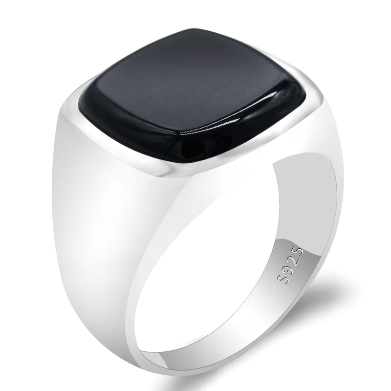 

Turkish Ring for Men 925 Sterling Silver Black Onyx Square Natural Stone Rings Simple Classic Signet Jewelry to Male Women Gift