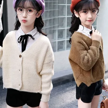 

Knitted Sweater Girls Coat Autumn Spring School Cardigan Knitting Jacket Girls Kids Brown Tops Clothes Kids 2019 New