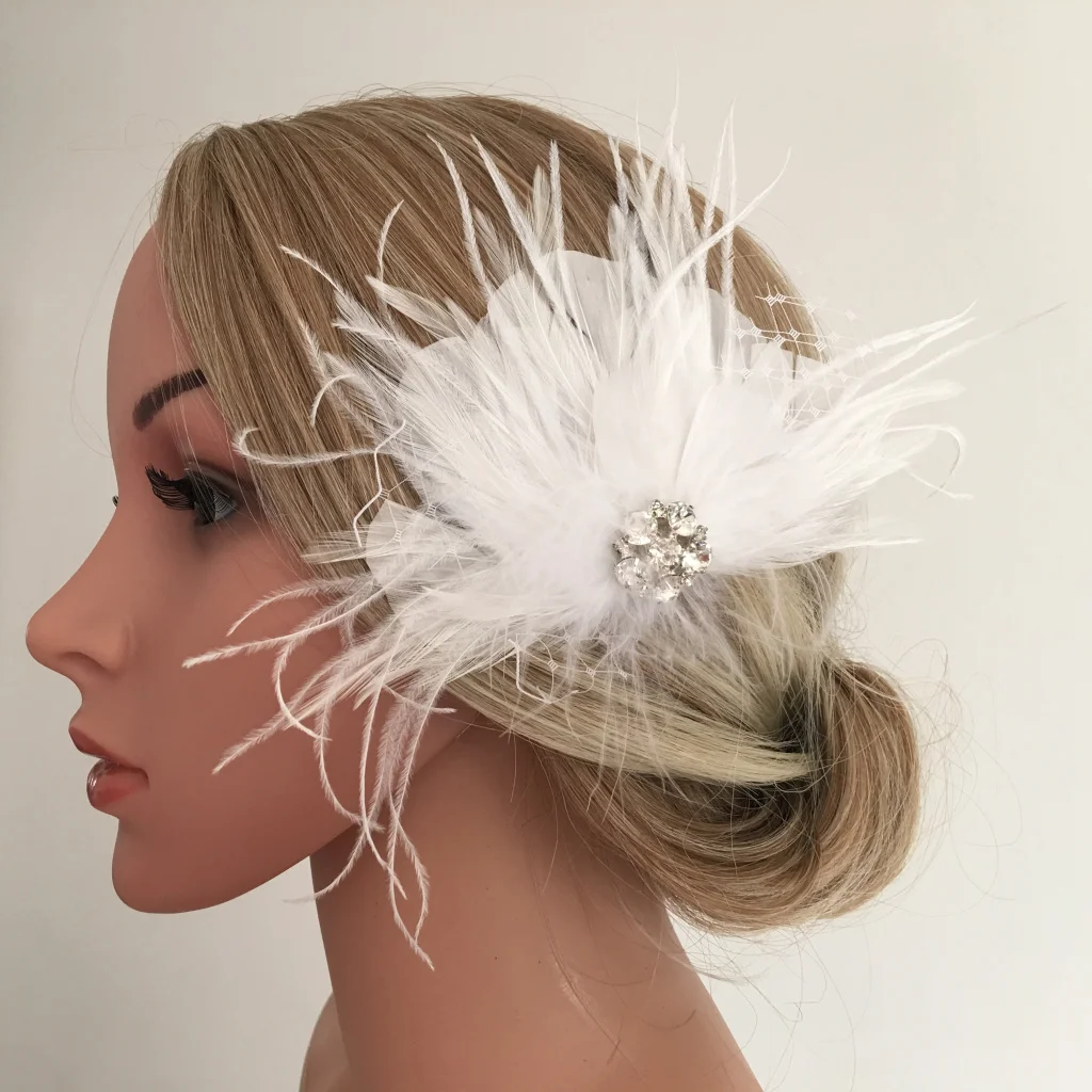 White Feather Headpiece Fascinator Hair Clips Wedding Bridal Hair Accessory