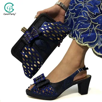 

High Quality 2019 New Design Italian Elegant D.Blue Color Shoes And Bag To Match Set African Ladies Shoe with Evening Bag