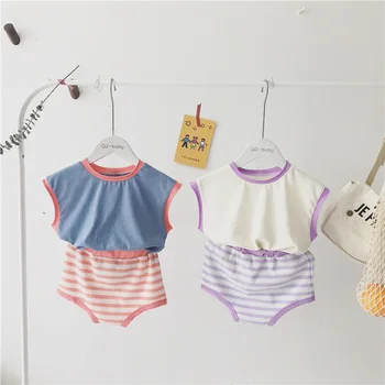 

2020 Summer Newborn Baby Clothes Set Fashion Sleeveless Cotton T Shirt+Striped PP Bloomer 2PCS Baby Boys Girls Tracksuit Outfits