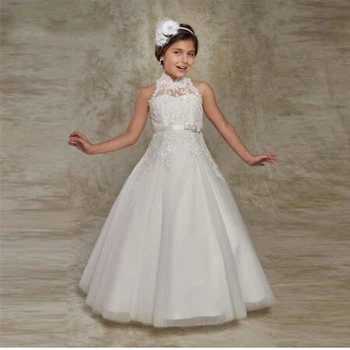 

White Appliques Tank Sleeve A-line Flower Girl Dresses Vintage High Neck Sleeveless Floor Length Communion Gown